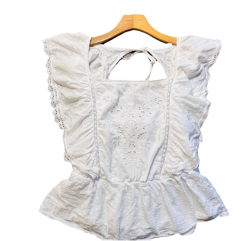 Old Navy Embroidered Top Blouse Peasant Flutter Sleeve SZ L Cotton White Boho - Picture 2 of 9